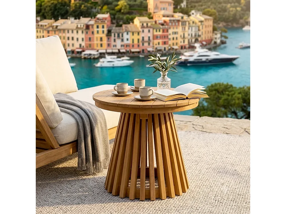 Tempo Style - Tavolino da Caffè Rotondo in Legno Teak Massello BODRUM Ø70 cm | Coffee Table da Esterno per Giardino, Terrazza e Patio