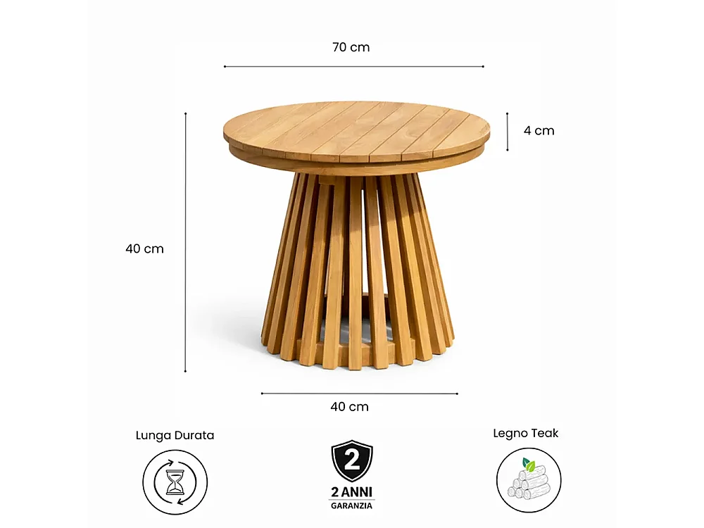Tempo Style - Tavolino da Caffè Rotondo in Legno Teak Massello BODRUM Ø70 cm | Coffee Table da Esterno per Giardino, Terrazza e Patio
