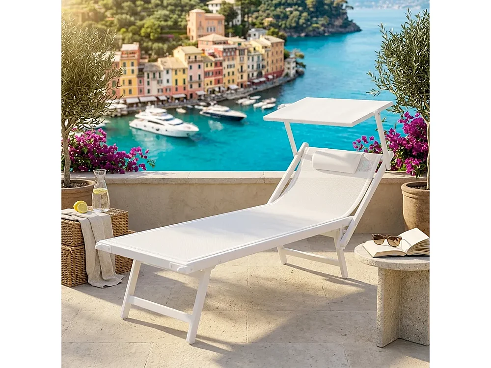 Tempo Style - Lettino Mare Professionale L-MEDITERRANEO | Sdraio 3 posizioni con Parasole | Ideale per Spiaggia e Giardino (Bianco)