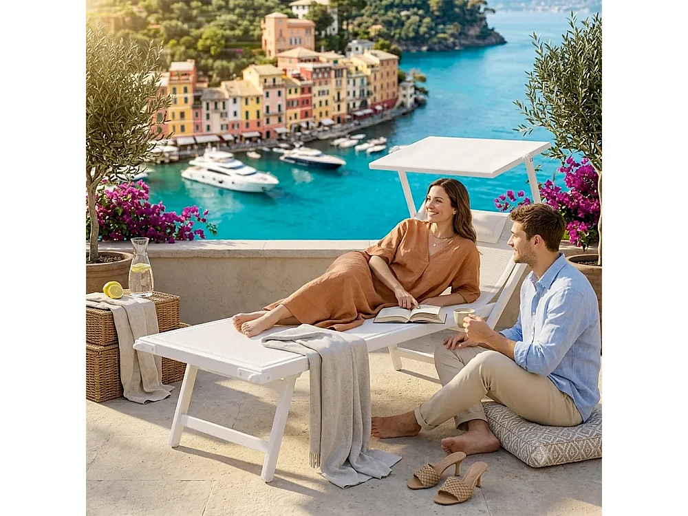 Tempo Style - Lettino Mare Professionale L-MEDITERRANEO | Sdraio 3 posizioni con Parasole | Ideale per Spiaggia e Giardino (Bianco)