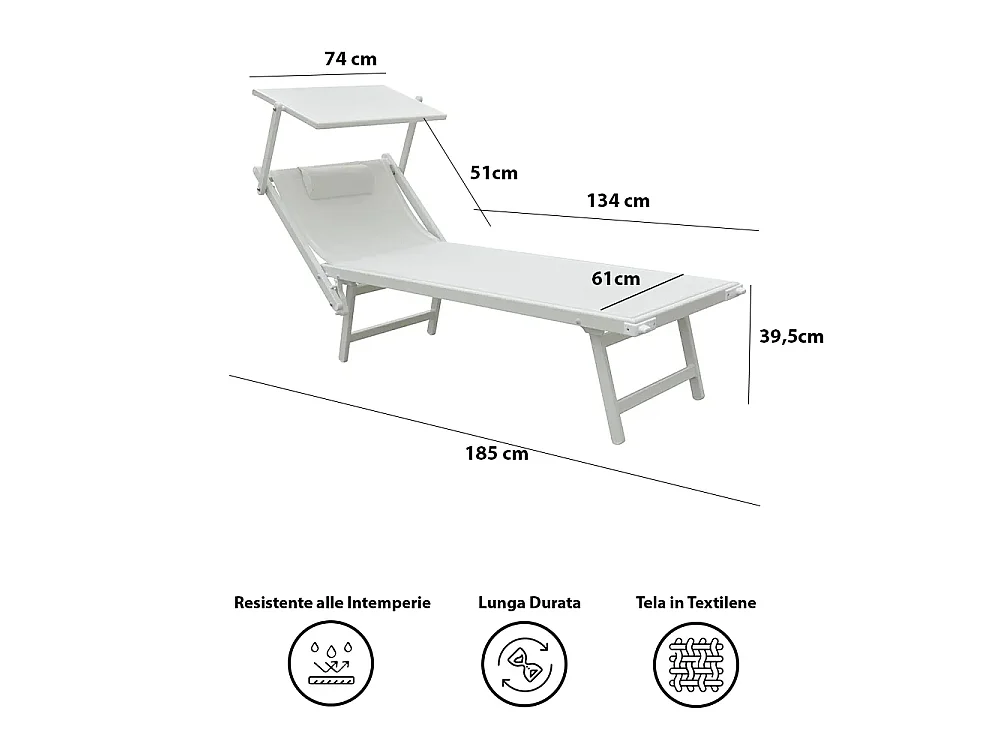 Tempo Style - Lettino Mare Professionale L-MEDITERRANEO | Sdraio 3 posizioni con Parasole | Ideale per Spiaggia e Giardino (Bianco)
