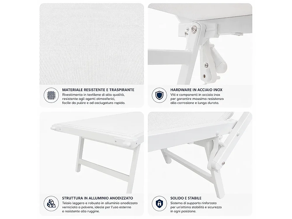Tempo Style - Lettino Mare Professionale L-MEDITERRANEO | Sdraio 3 posizioni con Parasole | Ideale per Spiaggia e Giardino (Bianco)