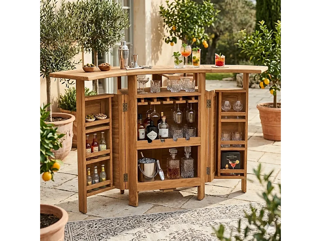 Tempo Style - Banco Bar Pieghevole in Legno Teak Apéro | Mobile Bar Outdoor con Portabottiglie e Portacalici Integrati | Bancone Cocktail e Snack