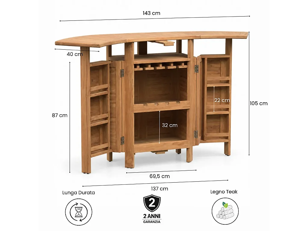 Tempo Style - Banco Bar Pieghevole in Legno Teak Apéro | Mobile Bar Outdoor con Portabottiglie e Portacalici Integrati | Bancone Cocktail e Snack