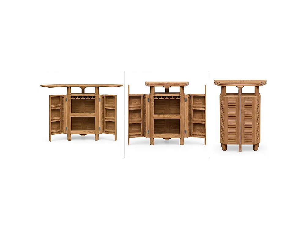 Tempo Style - Banco Bar Pieghevole in Legno Teak Apéro | Mobile Bar Outdoor con Portabottiglie e Portacalici Integrati | Bancone Cocktail e Snack
