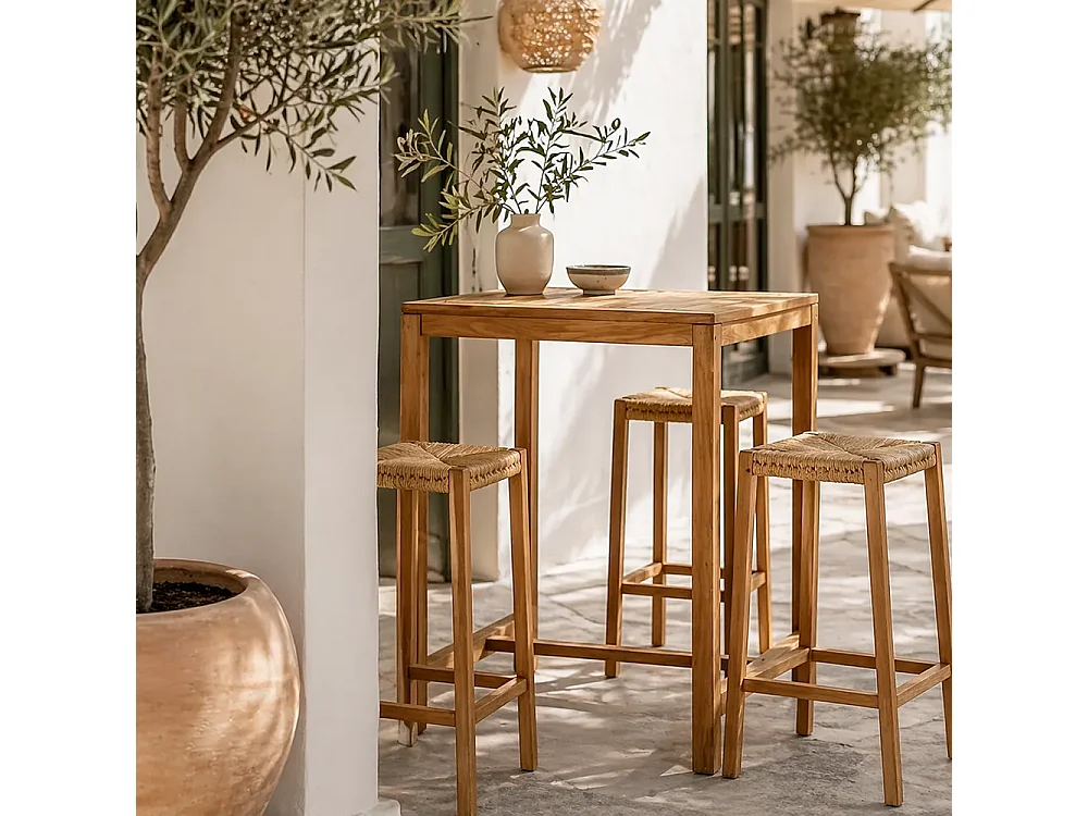 Tempo Style - Tavolo Alto da Bar in Legno Teak Massello 70x70 cm | Tavolo Bistrot per Esterno, Patio, Giardino e Bordo Piscina – Tavolo Cocktail Professionale