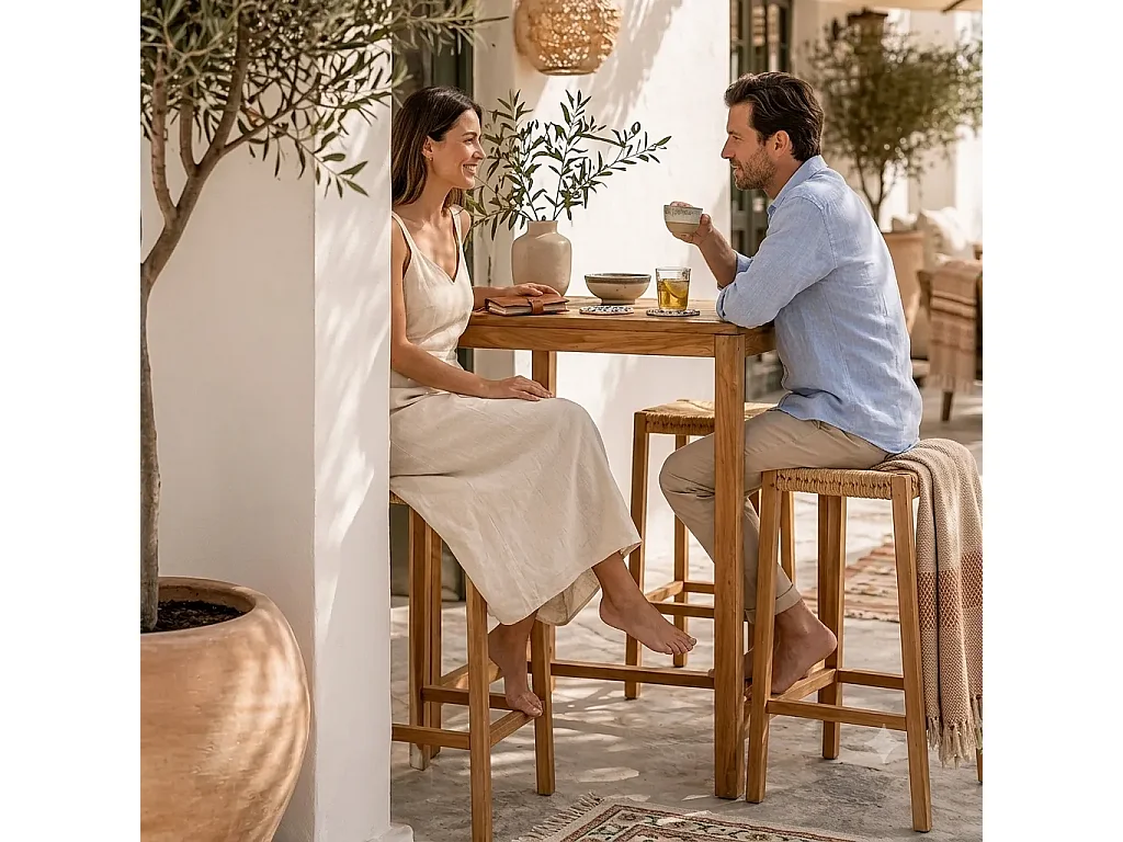 Tempo Style - Tavolo Alto da Bar in Legno Teak Massello 70x70 cm | Tavolo Bistrot per Esterno, Patio, Giardino e Bordo Piscina – Tavolo Cocktail Professionale