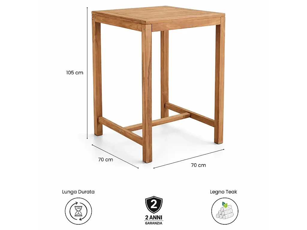 Tempo Style - Tavolo Alto da Bar in Legno Teak Massello 70x70 cm | Tavolo Bistrot per Esterno, Patio, Giardino e Bordo Piscina – Tavolo Cocktail Professionale