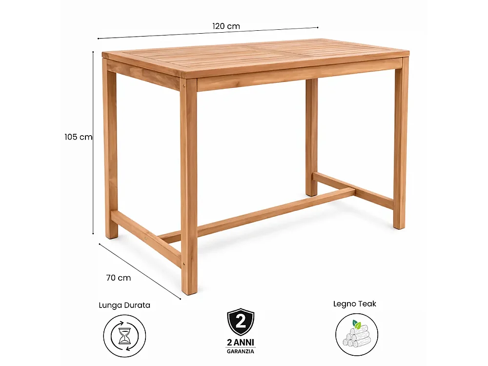 Tempo Style - Tavolo Bar Large in Legno Teak Massello 120x70 cm | Tavolo Alto da Esterno per 6 Persone | Tavolo Cocktail & Snack Professionale