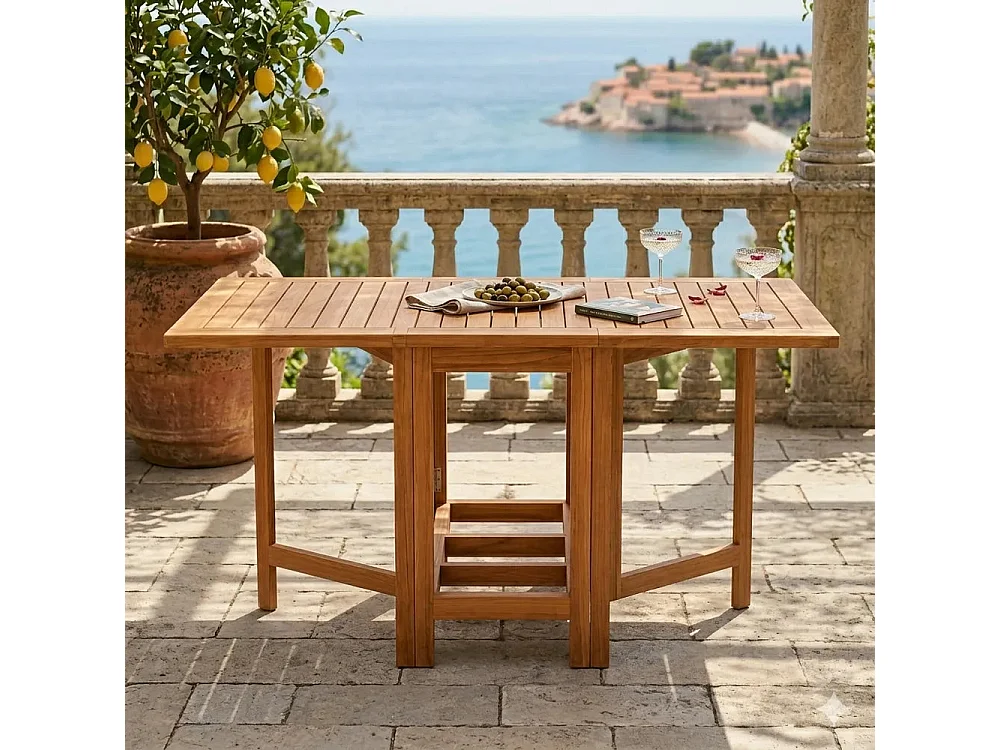 Tempo Style - Tavolo Pieghevole a Farfalla in Legno Teak TERRASSE | Tavolo Salvaspazio da Esterno con Ali Richiudibili | 130 x 76 x 70 cm