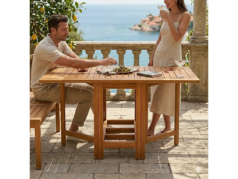 Tempo Style - Tavolo Pieghevole a Farfalla in Legno Teak TERRASSE | Tavolo Salvaspazio da Esterno con Ali Richiudibili | 130 x 76 x 70 cm