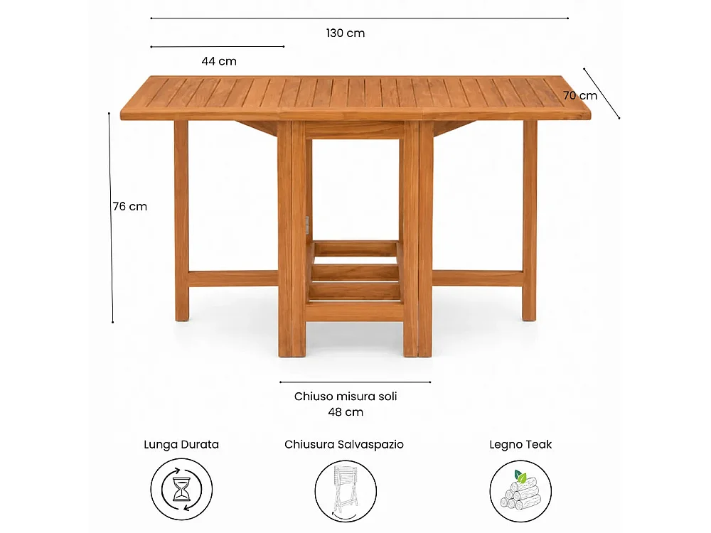 Tempo Style - Tavolo Pieghevole a Farfalla in Legno Teak TERRASSE | Tavolo Salvaspazio da Esterno con Ali Richiudibili | 130 x 76 x 70 cm