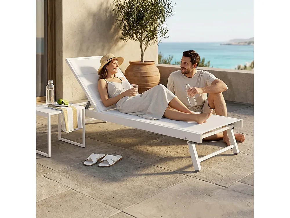 Tempo Style - Lettino Prendisole Reclinabile TENERIFE Bianco | Alluminio e Textilene Traspirante | Schienale Reclinabile in 5 posizioni da Esterno