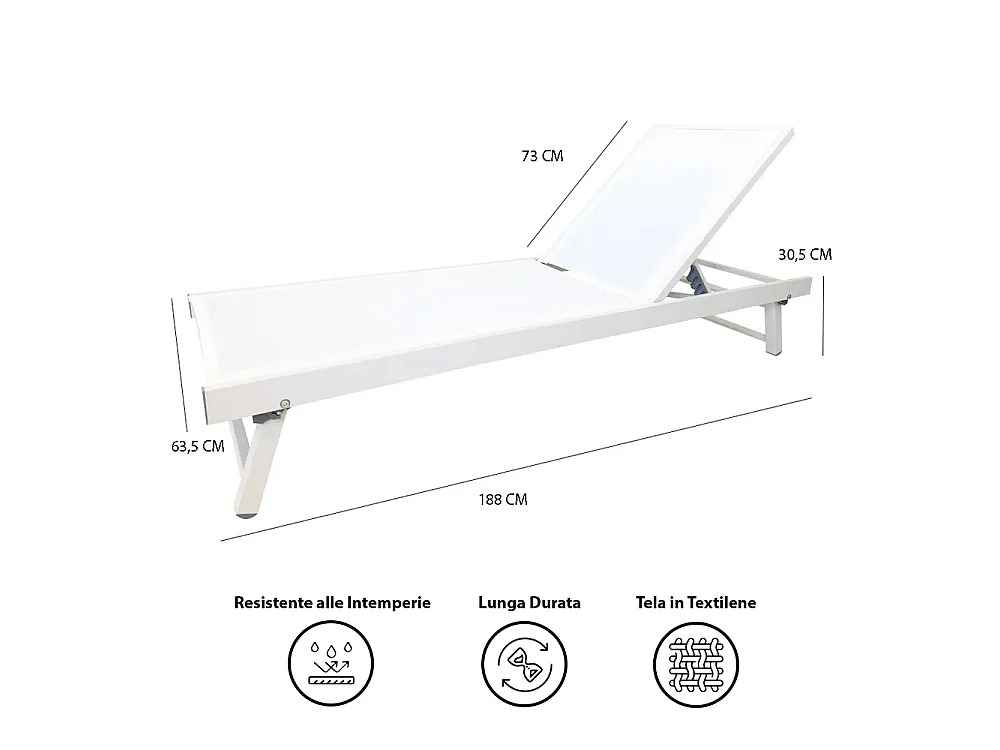 Tempo Style - Lettino Prendisole Reclinabile TENERIFE Bianco | Alluminio e Textilene Traspirante | Schienale Reclinabile in 5 posizioni da Esterno
