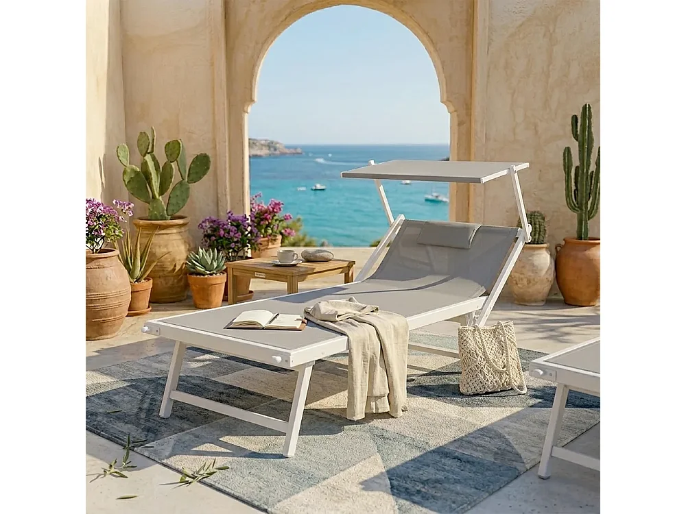 Tempo Style - Lettino Mare Professionale King Size L-Mediterraneo PLUS | Parasole Pieghevole e Textilene | Ideale per Spiaggia, Piscina e Giardino (Grigio/Bianco)