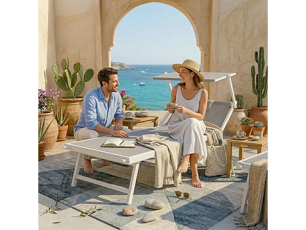 Tempo Style - Lettino Mare Professionale King Size L-Mediterraneo PLUS | Parasole Pieghevole e Textilene | Ideale per Spiaggia, Piscina e Giardino (Grigio/Bianco)