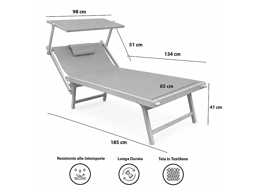 Tempo Style - Lettino Mare Professionale King Size L-Mediterraneo PLUS | Parasole Pieghevole e Textilene | Ideale per Spiaggia, Piscina e Giardino (Grigio/Bianco)
