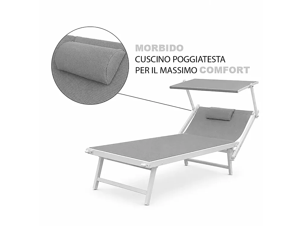 Tempo Style - Lettino Mare Professionale King Size L-Mediterraneo PLUS | Parasole Pieghevole e Textilene | Ideale per Spiaggia, Piscina e Giardino (Grigio/Bianco)