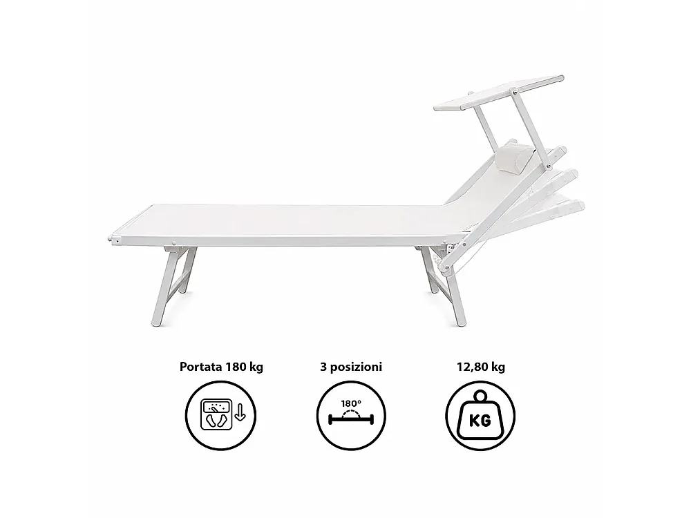 Tempo Style - Lettino Mare Professionale King Size L-Mediterraneo PLUS | Parasole Pieghevole e Textilene | Ideale per Spiaggia, Piscina e Giardino (Grigio/Bianco)