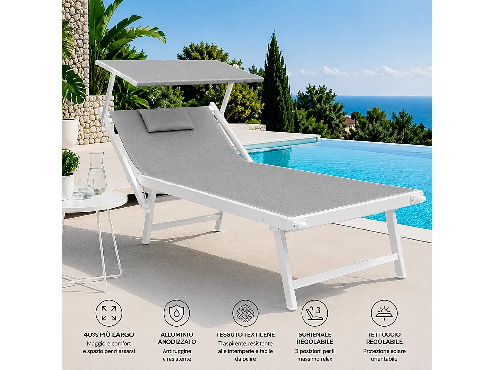 Tempo Style - Lettino Mare Professionale King Size L-Mediterraneo PLUS | Parasole Pieghevole e Textilene | Ideale per Spiaggia, Piscina e Giardino (Grigio/Bianco)
