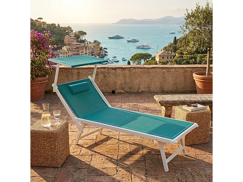Tempo Style - Lettino Mare Professionale L-MEDITERRANEO | Sdraio 3 posizioni con Parasole | Ideale per Spiaggia e Giardino (Verde/Bianco)