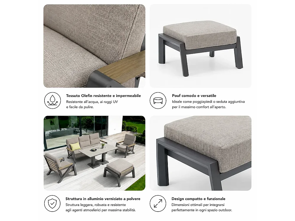 Tempo Style - Pouf KEA in alluminio antracite | Resistente alle intemperie | Con morbido cuscino sfoderabile | Per ambienti esterni come giardini
