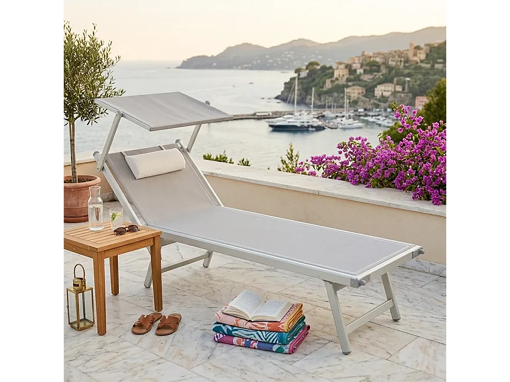 Tempo Style - Lettino Mare Professionale L-MEDITERRANEO | Sdraio 3 posizioni con Parasole | Ideale per Spiaggia e Giardino (Bianco/Alluminio)