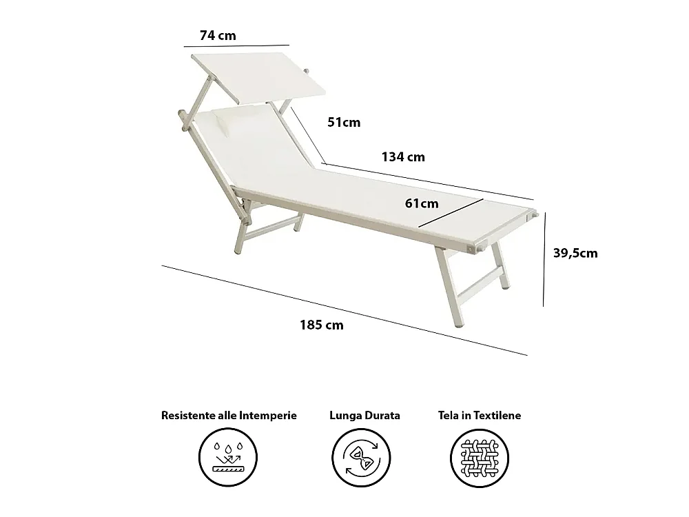Tempo Style - Lettino Mare Professionale L-MEDITERRANEO | Sdraio 3 posizioni con Parasole | Ideale per Spiaggia e Giardino (Bianco/Alluminio)