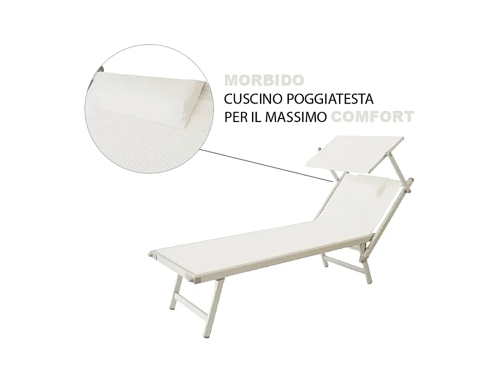 Tempo Style - Lettino Mare Professionale L-MEDITERRANEO | Sdraio 3 posizioni con Parasole | Ideale per Spiaggia e Giardino (Bianco/Alluminio)