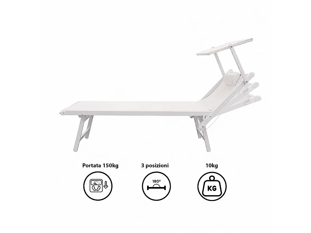 Tempo Style - Lettino Mare Professionale L-MEDITERRANEO | Sdraio 3 posizioni con Parasole | Ideale per Spiaggia e Giardino (Bianco/Alluminio)