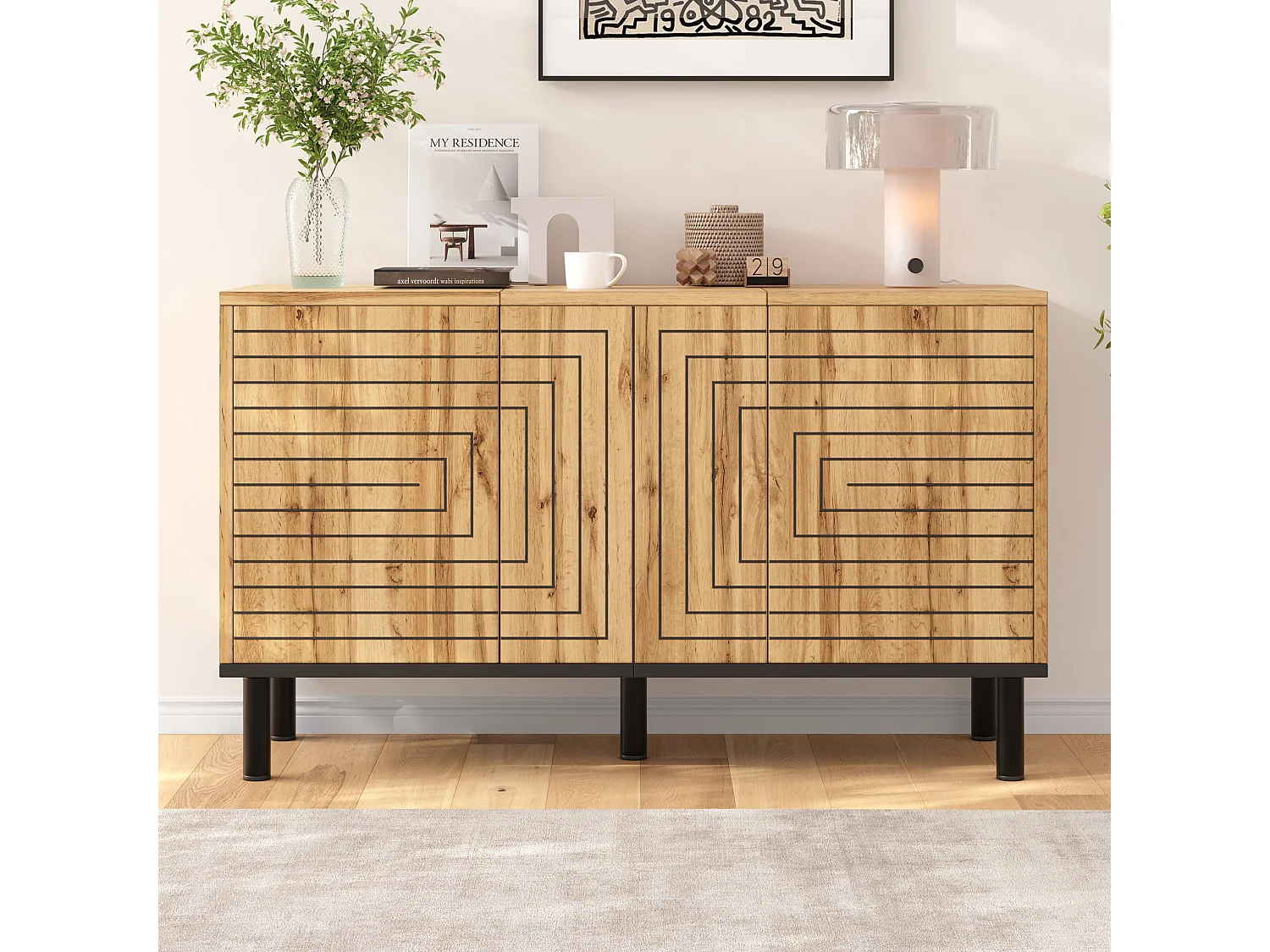 Aparador de 3 puertas con apertura push y diseño ondulado, color natural, 120x35x68 cm