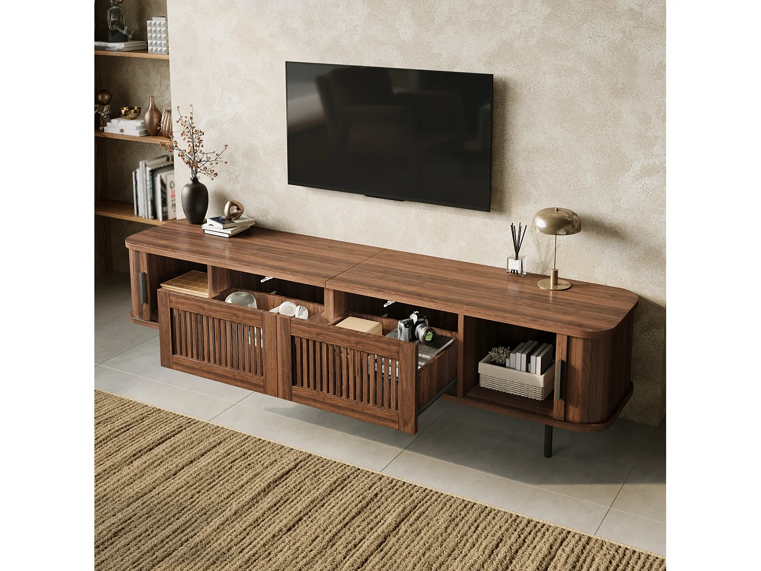Meuble TV marron 180x40x44,5 cm avec LED pilotée par application, 2 tiroirs et 2 portes coulissantes pour salon