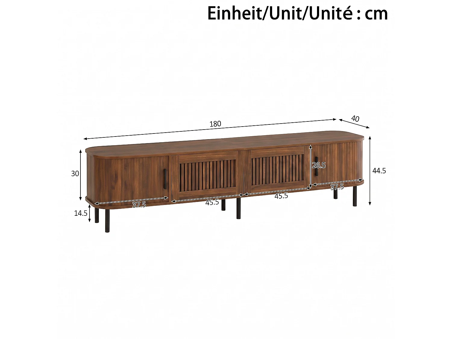 Meuble TV marron 180x40x44,5 cm avec LED pilotée par application, 2 tiroirs et 2 portes coulissantes pour salon