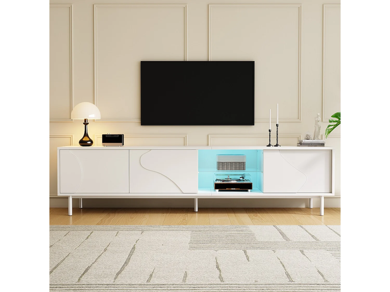 TV-Schrank weiß 180x40x45 cm mit LED-Beleuchtung, 3 Schiebetüren und Glasablage für Wohnzimmer