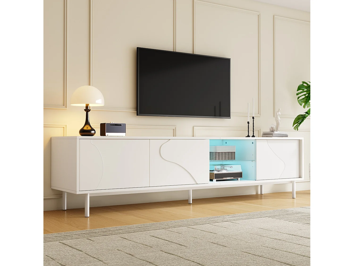 TV-Schrank weiß 180x40x45 cm mit LED-Beleuchtung, 3 Schiebetüren und Glasablage für Wohnzimmer