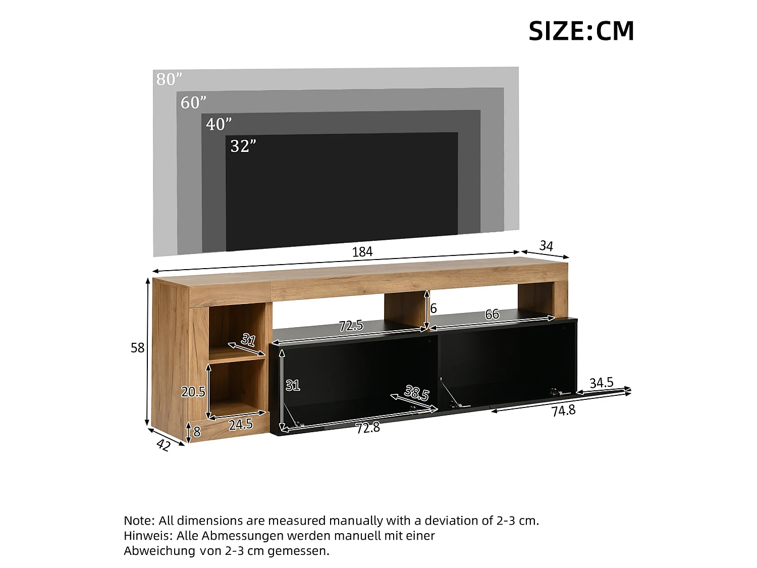 Mobile TV contemporaneo 184 cm nero finitura legno con illuminazione LED, 2 ante ribaltabili e vani aperti per soggiorno