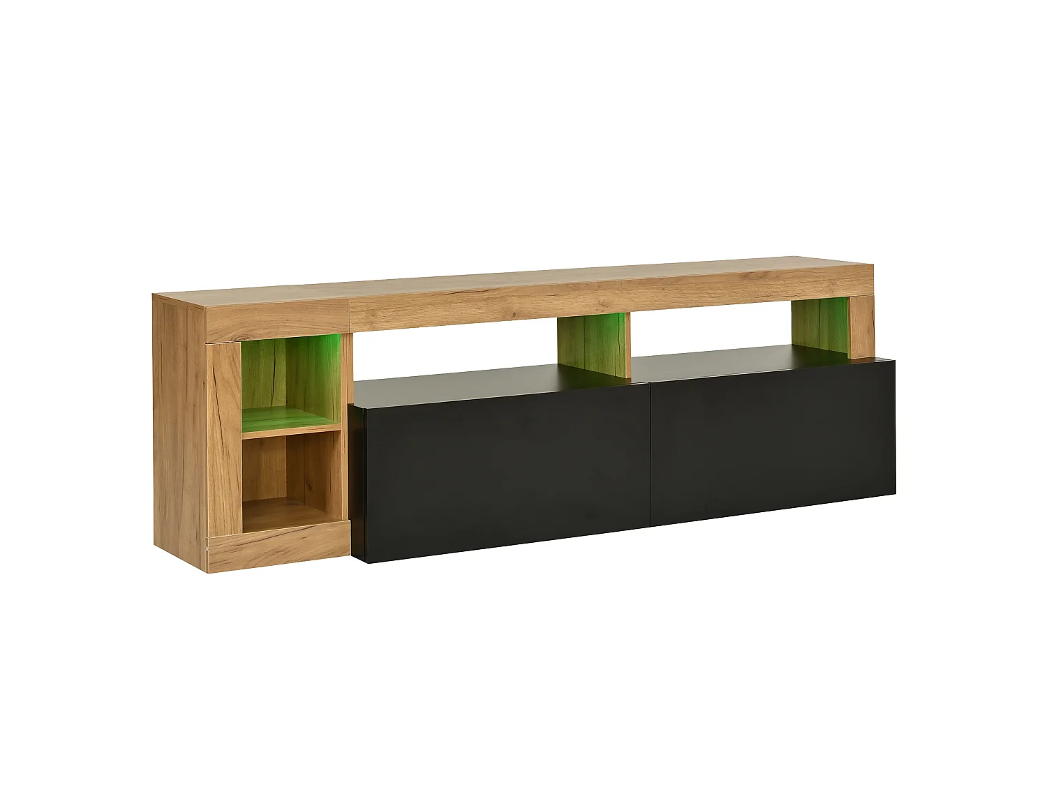 Mobile TV contemporaneo 184 cm nero finitura legno con illuminazione LED, 2 ante ribaltabili e vani aperti per soggiorno