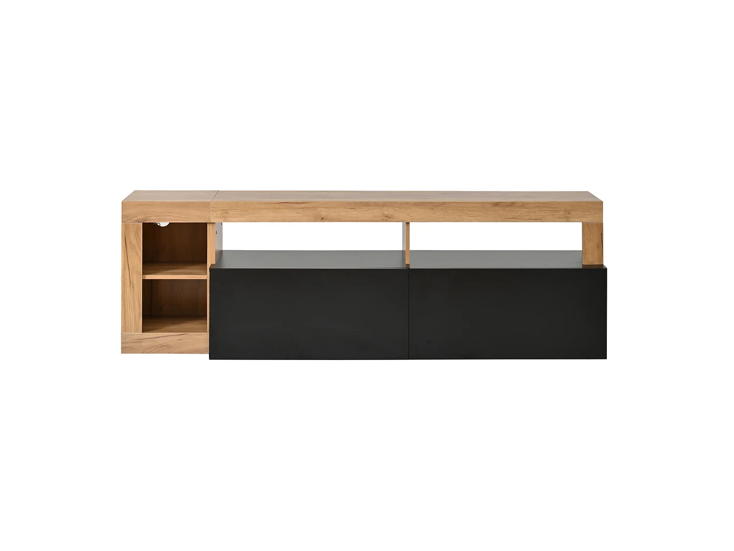 Mobile TV contemporaneo 184 cm nero finitura legno con illuminazione LED, 2 ante ribaltabili e vani aperti per soggiorno