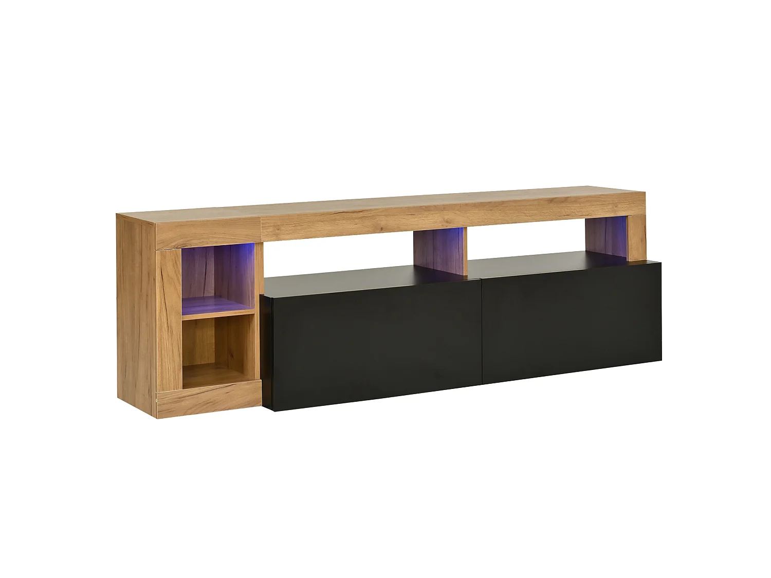 Mobile TV contemporaneo 184 cm nero finitura legno con illuminazione LED, 2 ante ribaltabili e vani aperti per soggiorno
