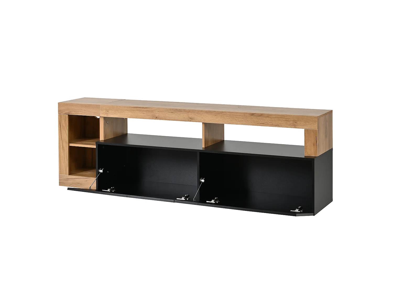 Mobile TV contemporaneo 184 cm nero finitura legno con illuminazione LED, 2 ante ribaltabili e vani aperti per soggiorno