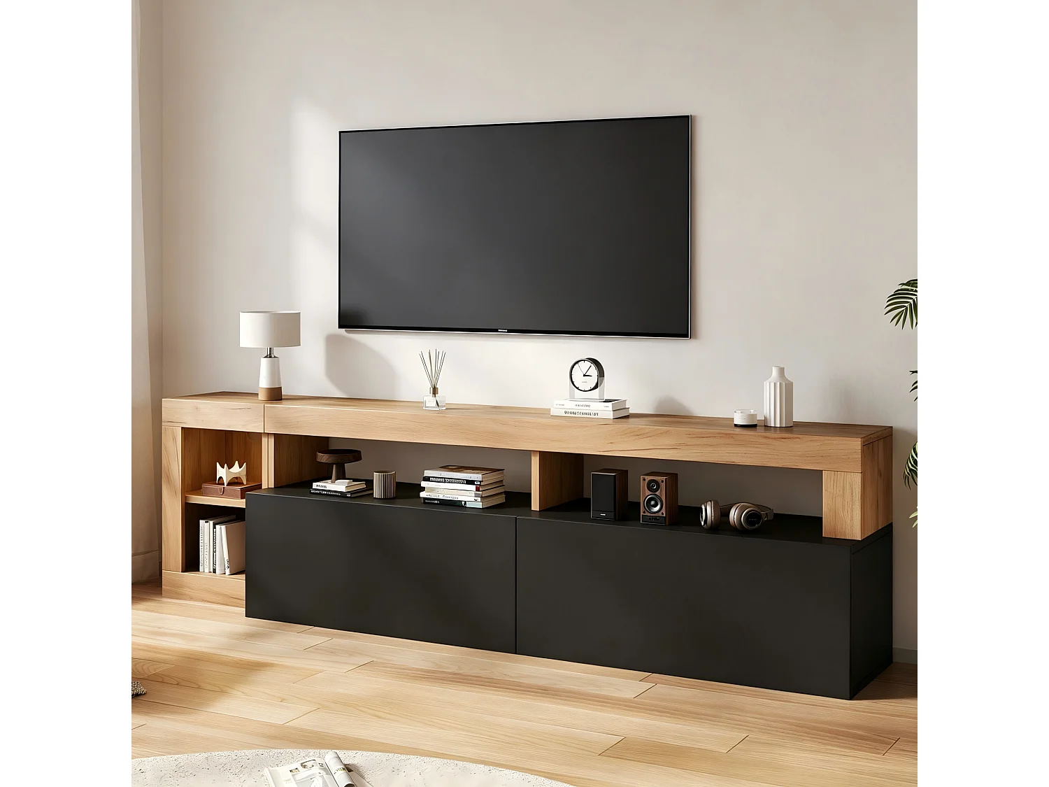 Mobile TV contemporaneo 184 cm nero finitura legno con illuminazione LED, 2 ante ribaltabili e vani aperti per soggiorno