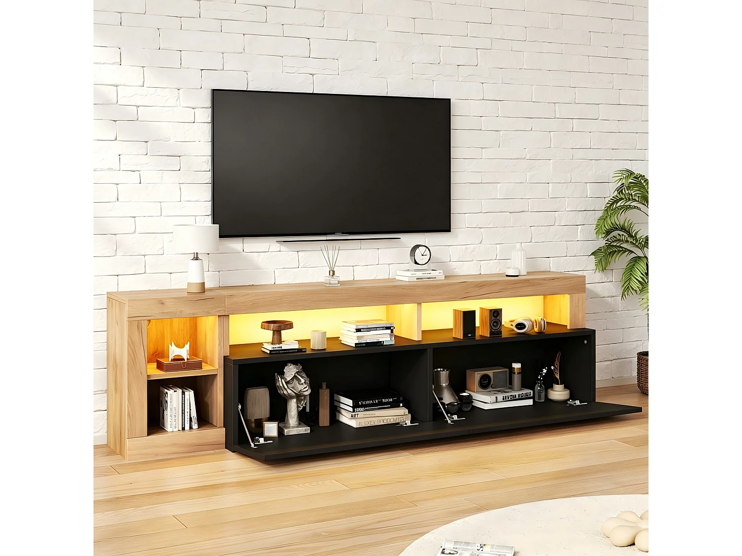 Mobile TV contemporaneo 184 cm nero finitura legno con illuminazione LED, 2 ante ribaltabili e vani aperti per soggiorno