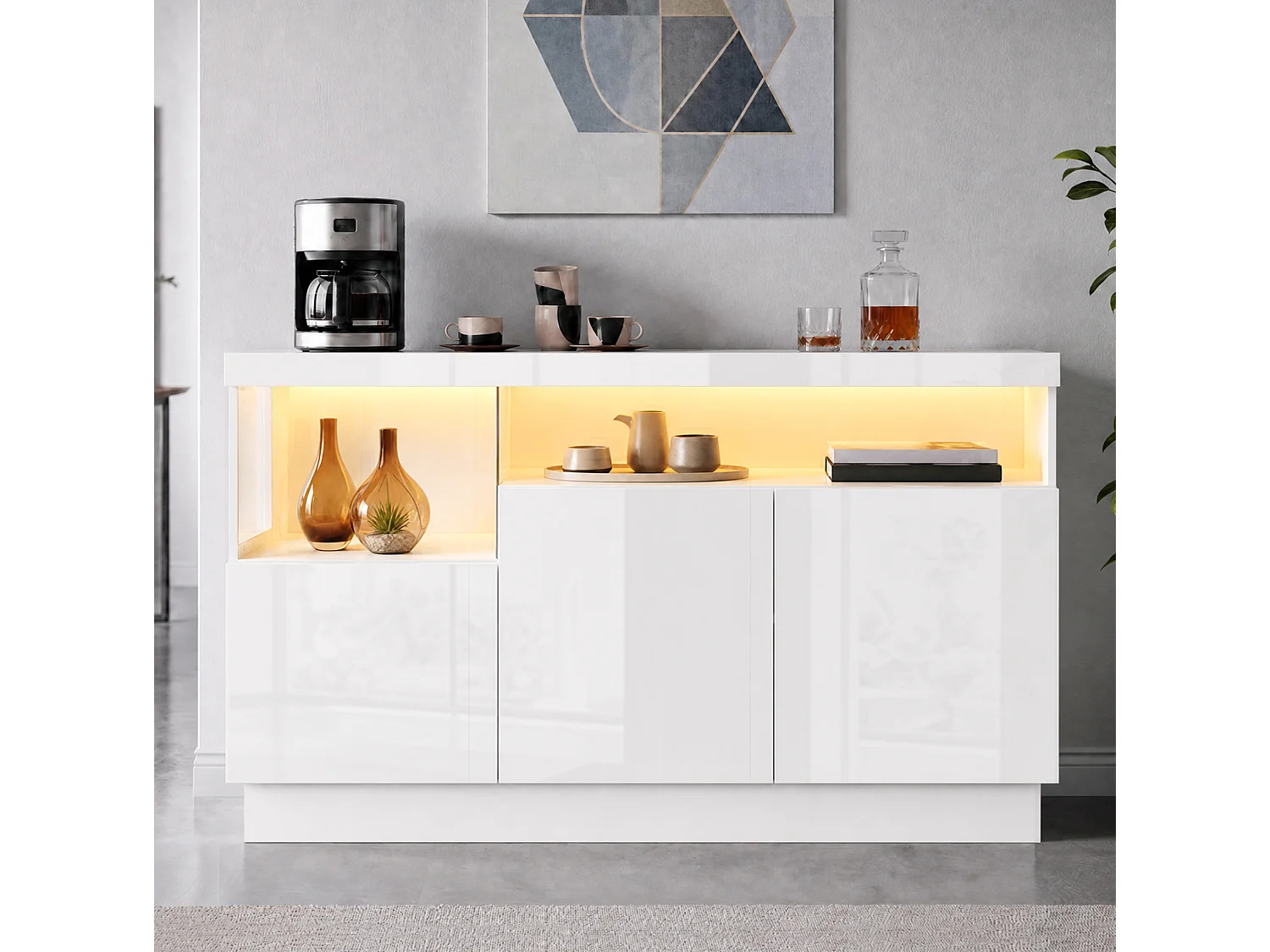 Aparador con LED controlado por aplicación y compartimento de acrílico, blanco, 140x36x80 cm, para salón