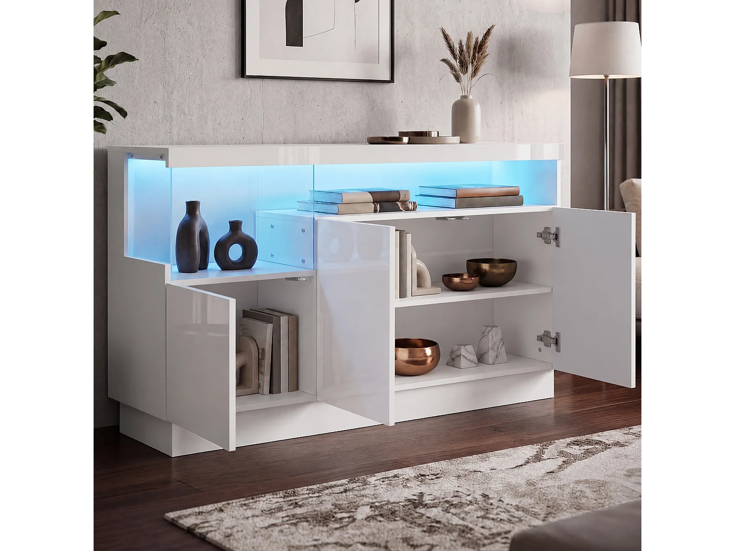 Aparador con LED controlado por aplicación y compartimento de acrílico, blanco, 140x36x80 cm, para salón