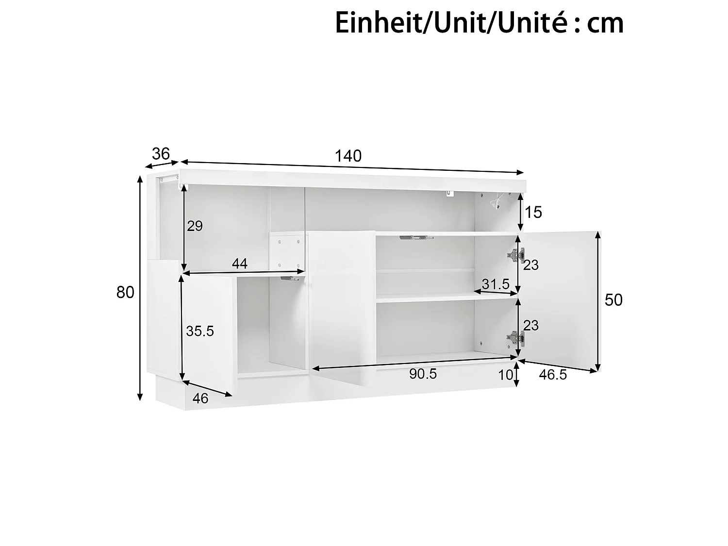 Aparador con LED controlado por aplicación y compartimento de acrílico, blanco, 140x36x80 cm, para salón