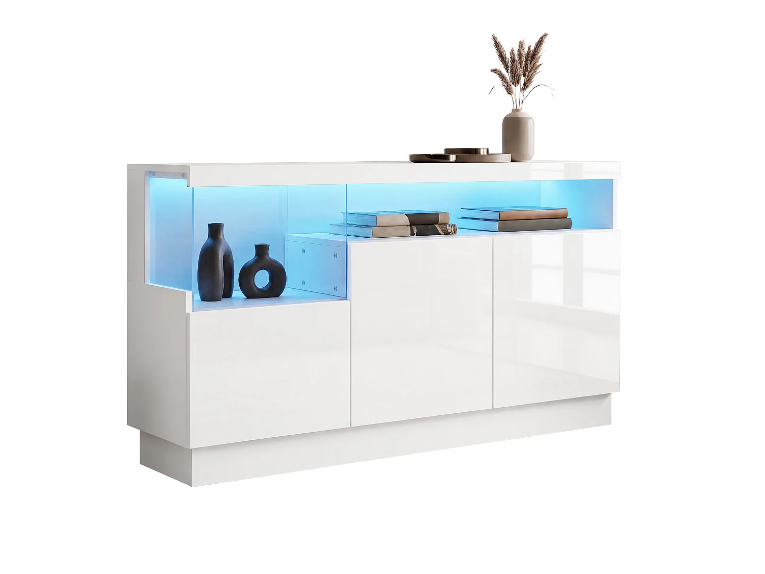 Aparador con LED controlado por aplicación y compartimento de acrílico, blanco, 140x36x80 cm, para salón