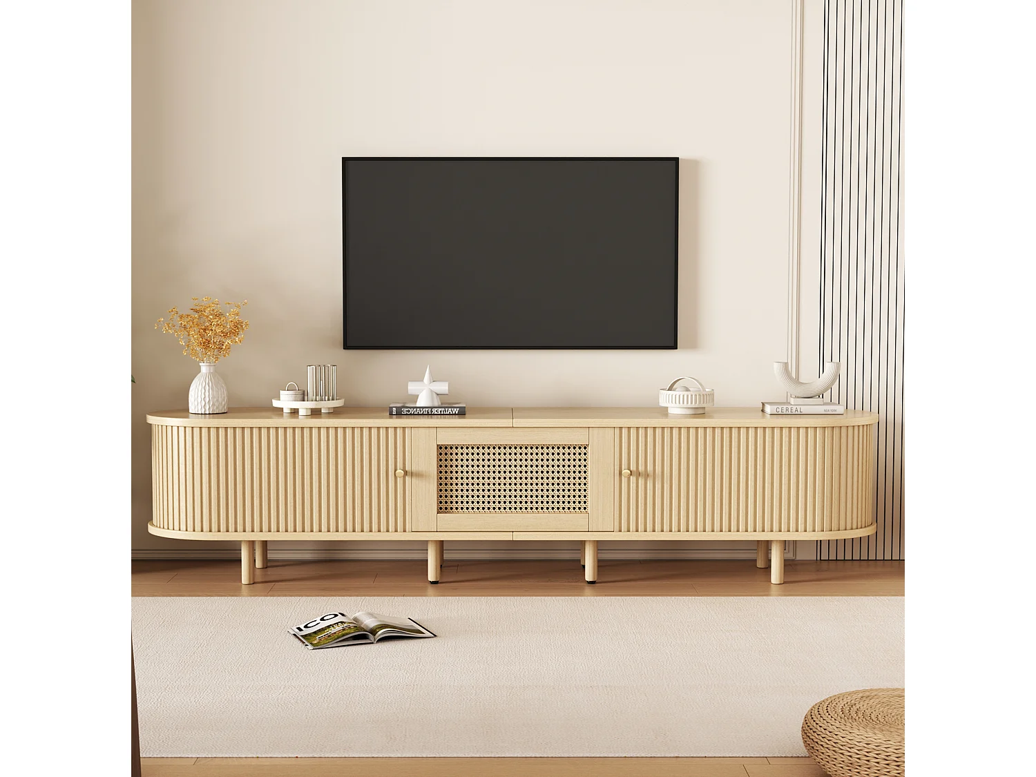 Meuble TV 180 cm effet bois naturel style vintage moderne, portes coulissantes, tiroir et rangements design pour salon