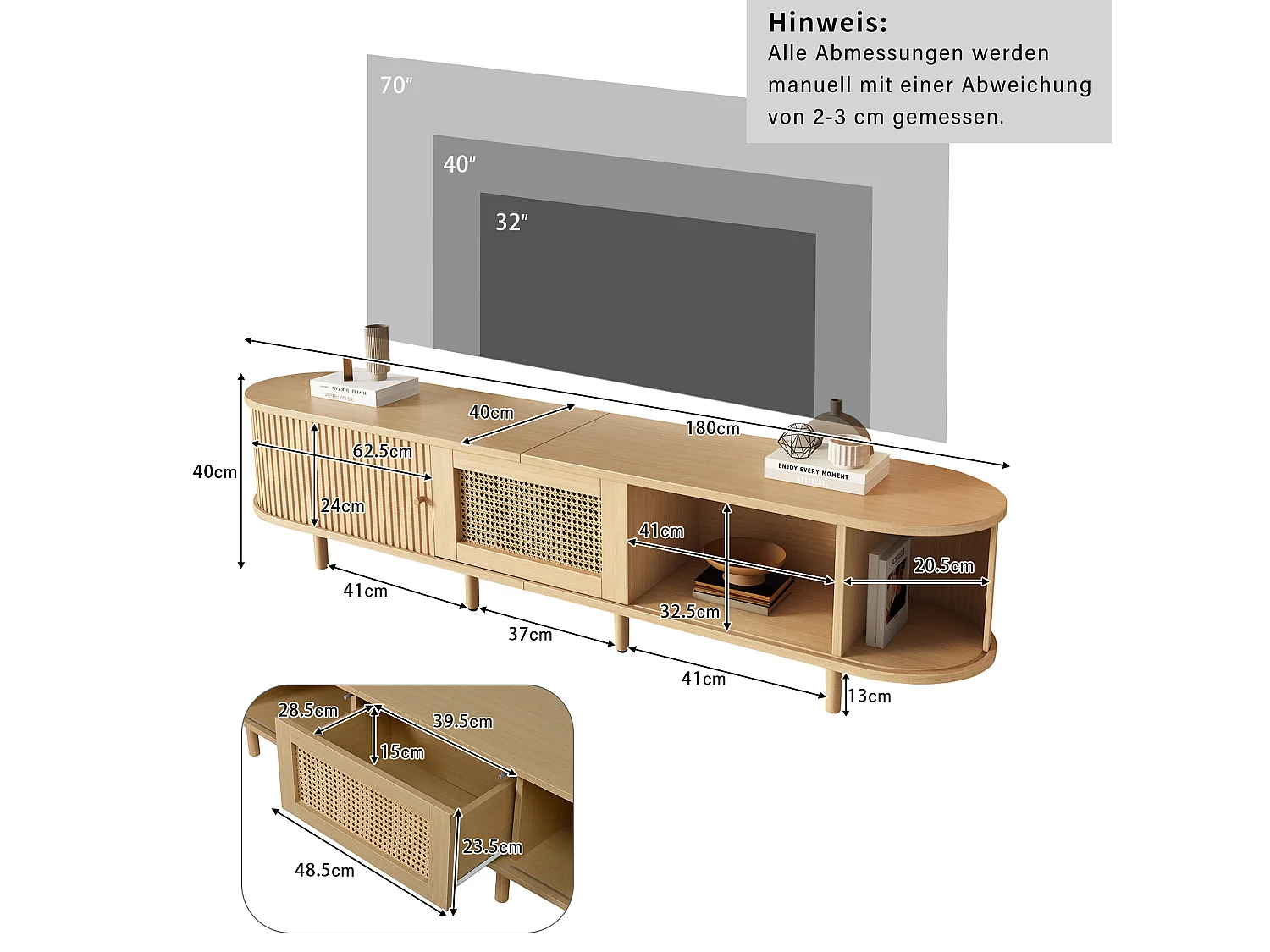 Meuble TV 180 cm effet bois naturel style vintage moderne, portes coulissantes, tiroir et rangements design pour salon