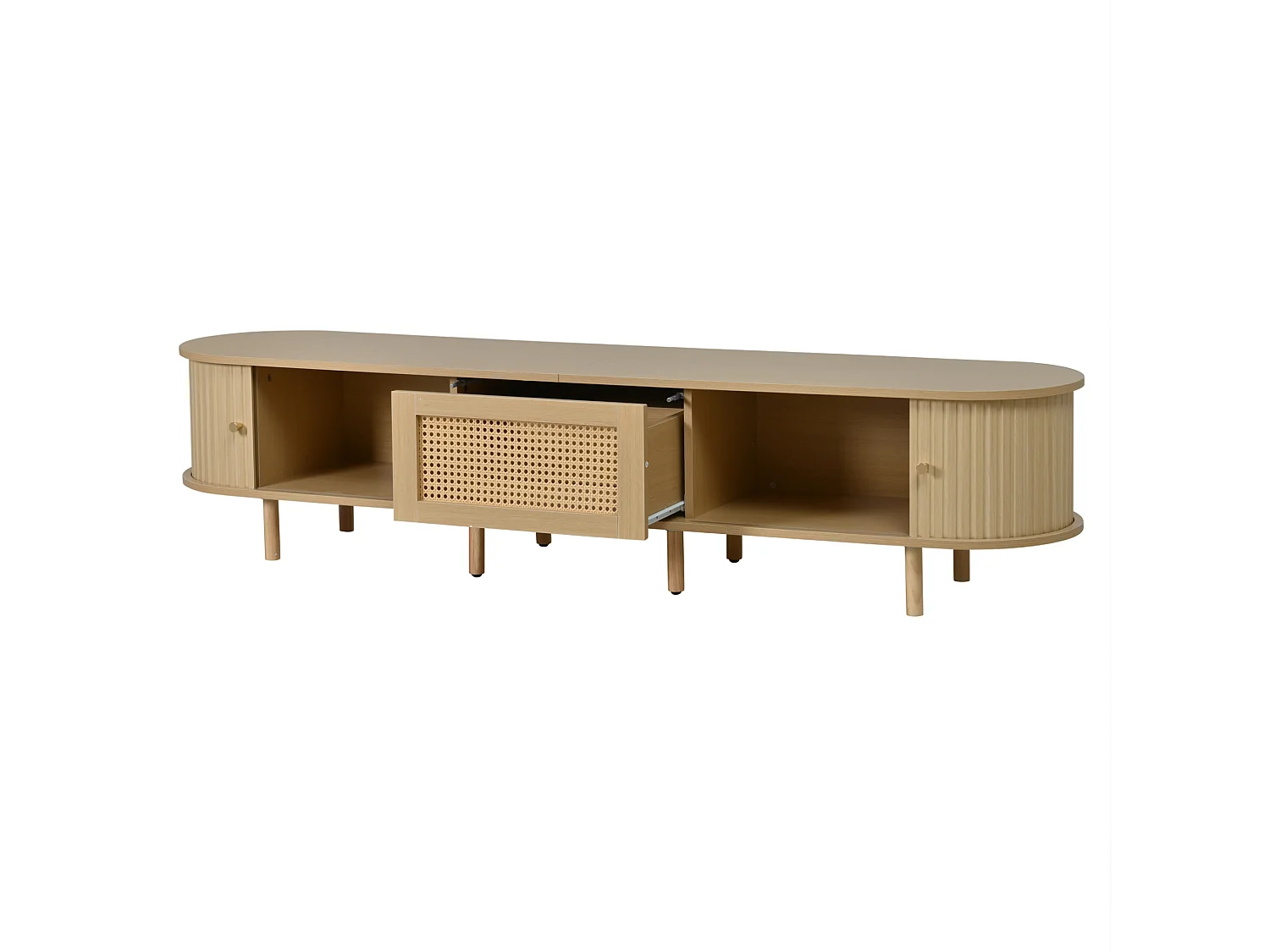 Meuble TV 180 cm effet bois naturel style vintage moderne, portes coulissantes, tiroir et rangements design pour salon