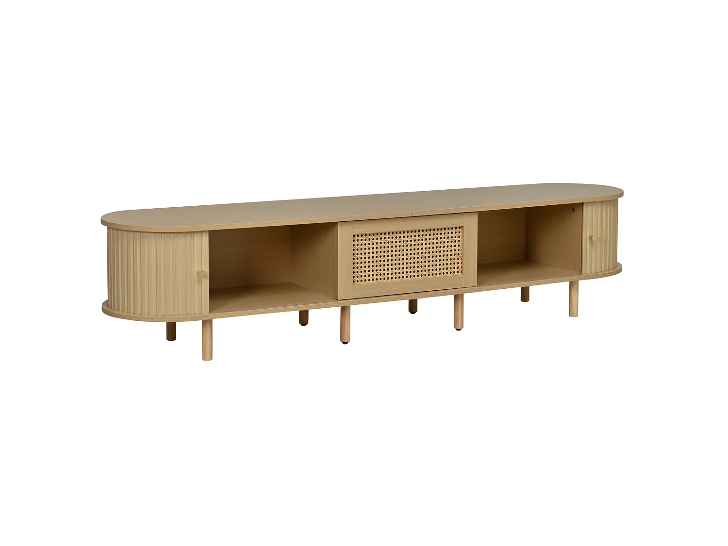 Meuble TV 180 cm effet bois naturel style vintage moderne, portes coulissantes, tiroir et rangements design pour salon